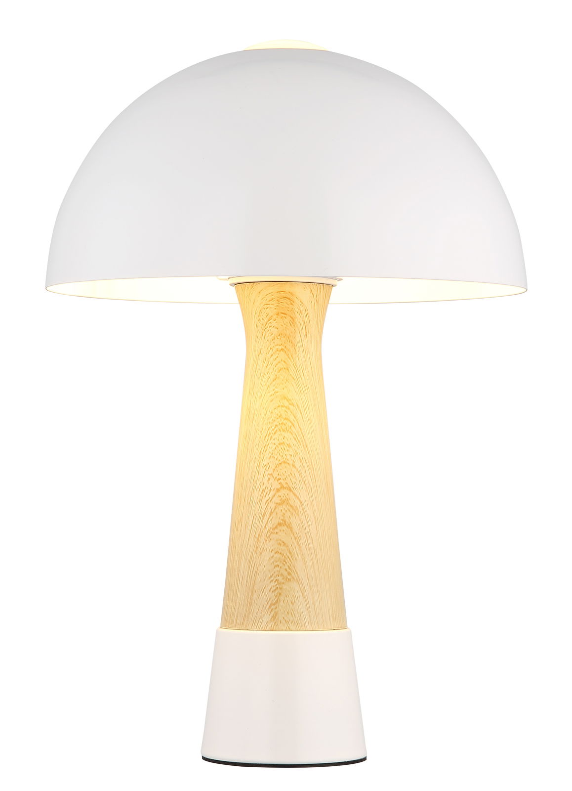 NOWA Tischleuchte PAULIN Moderne Tischleuchte mit weißem Schirm und Holzfuß, frontal betrachtet.