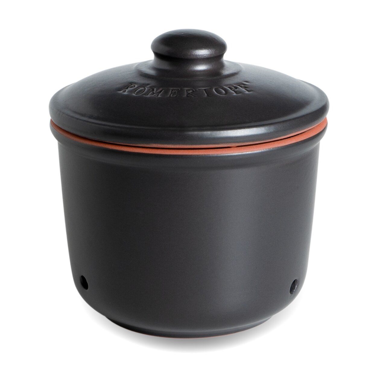 Römertopf Frische-Topf Schwarzer Mini-Römertopf Frische-Topf mit Deckel, seitliche Perspektive