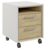 Rollcontainer mit zwei Schubladen und einem offenen Fach, auf Rollen, aus Holz und weißem Material, seitliche Perspektive