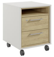 Rollcontainer mit zwei Schubladen und einem offenen Fach, auf Rollen, aus Holz und weißem Material, seitliche Perspektive