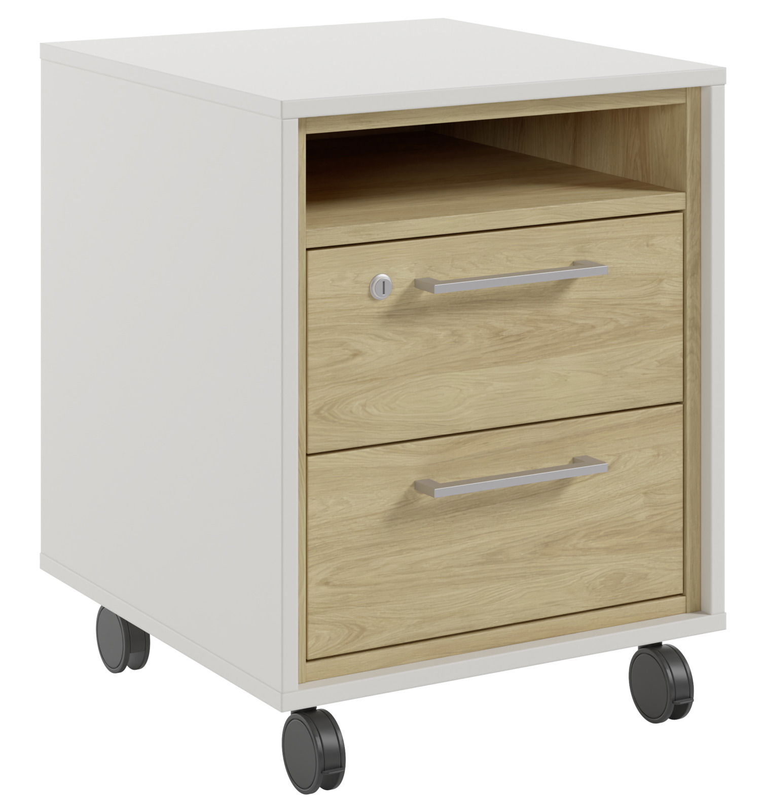 Novel Rollcontainer COLORADO Rollcontainer mit zwei Schubladen und einem offenen Fach, auf Rollen, aus Holz und weißem Material, seitliche Perspektive