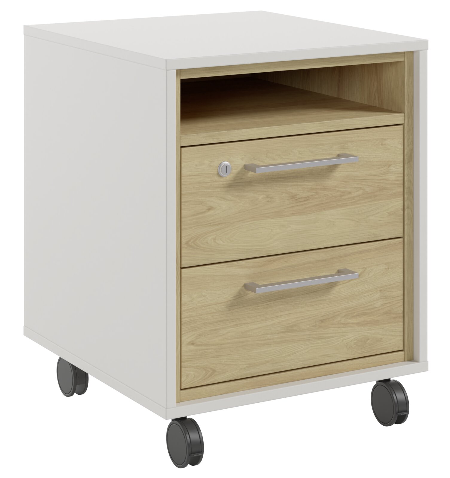 Rollcontainer mit zwei Schubladen und einem offenen Fach, auf Rollen, aus Holz und weißem Material, seitliche Perspektive