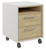 Rollcontainer mit zwei Schubladen und einem offenen Fach, auf Rollen, aus Holz und weißem Material, seitliche Perspektive