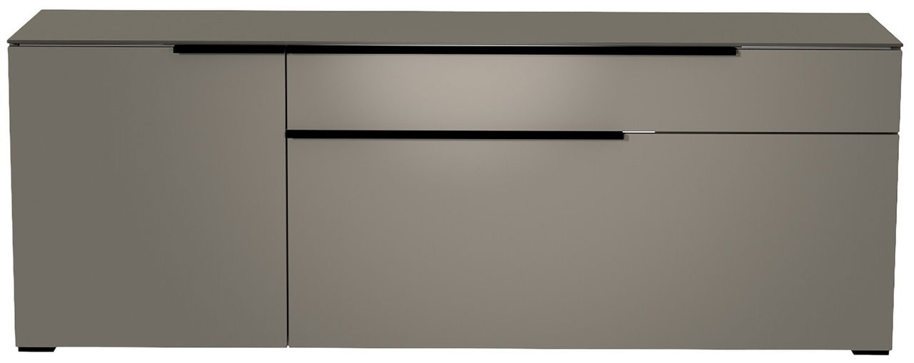 Frontansicht eines modernen, grauen TV-Lowboards der Serie BORMIO mit klaren Linien und minimalistischen Griffen.