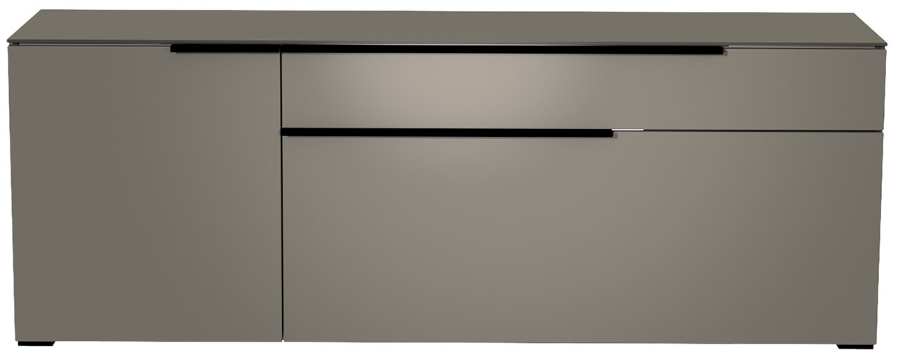 Frontansicht eines modernen, grauen TV-Lowboards der Serie BORMIO mit klaren Linien und minimalistischen Griffen.