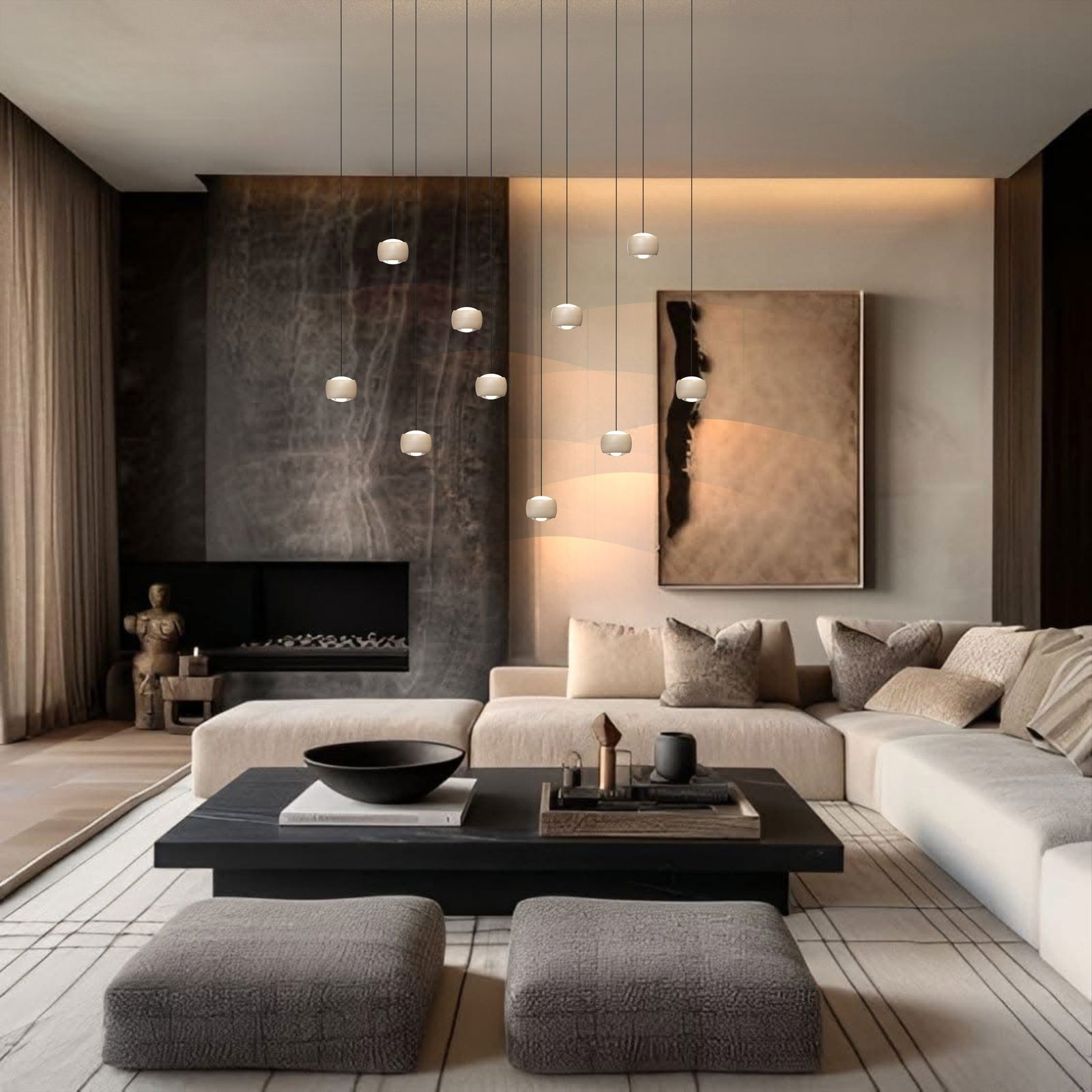 Geeti LED-Pendelleuchte QUIBERON Moderne LED-Pendelleuchte in einem stilvollen Wohnzimmer, von unten betrachtet, mit mehreren hängenden Leuchtkörpern über einem eleganten Couchtisch.