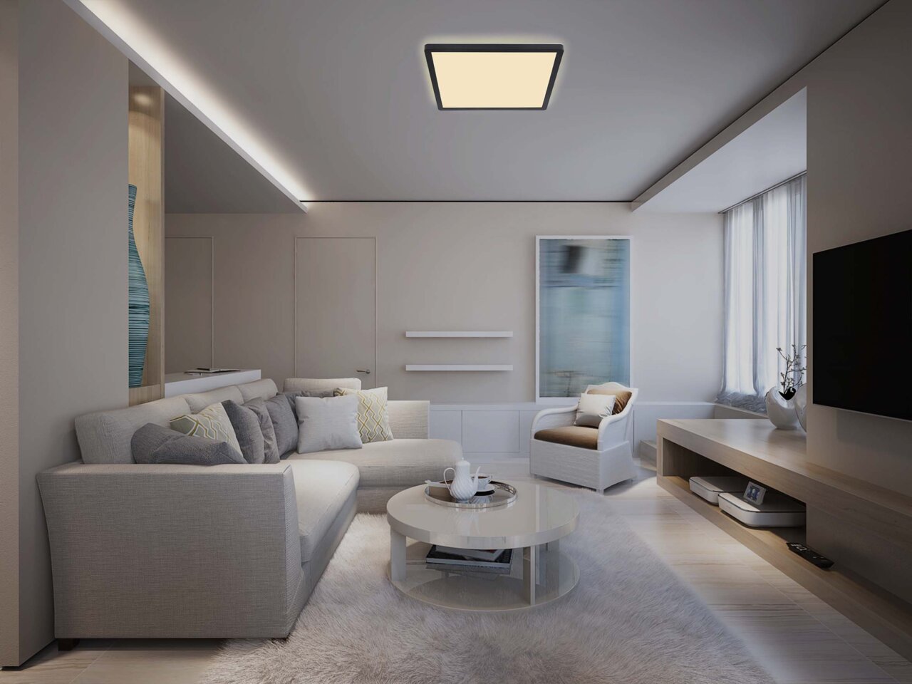 Moderne Deckenleuchte aus Kunststoff in einem stilvollen Wohnzimmer, von unten betrachtet.