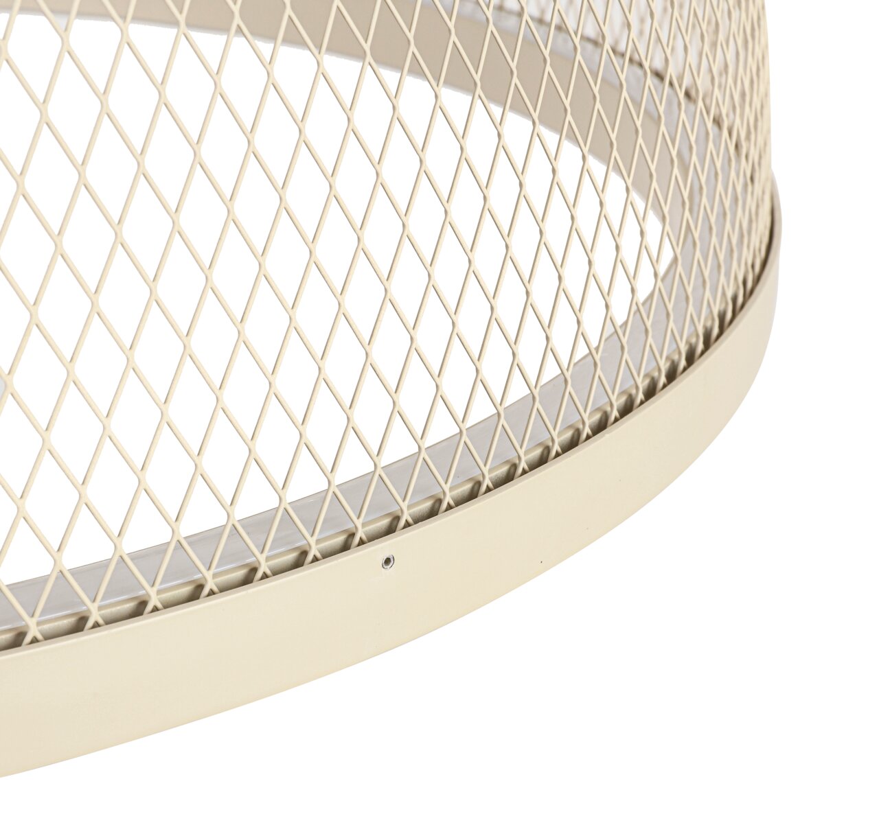 Nahaufnahme einer LED-Hängeleuchte mit einem cremefarbenen Gitterdesign, seitliche Perspektive.