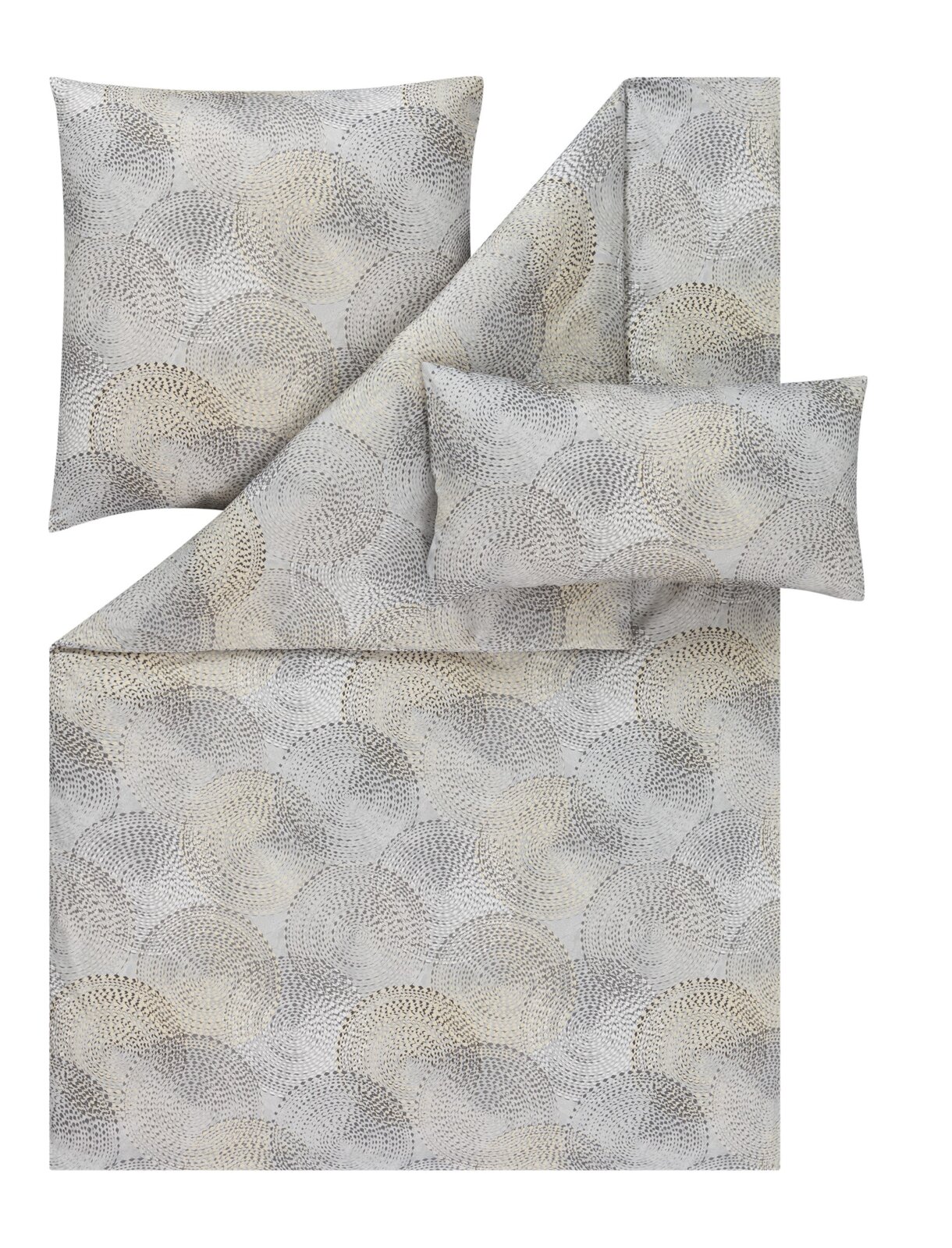 Estella Mako-Satin Bettwäsche 135x200cm ORION Gemusterte Bettwäsche in Grau und Beige mit kreisförmigem Punktdesign, bestehend aus Deckenbezug und zwei Kissenbezügen, in frontaler Draufsicht leicht schräg gelegt auf weißem Hintergrund.
