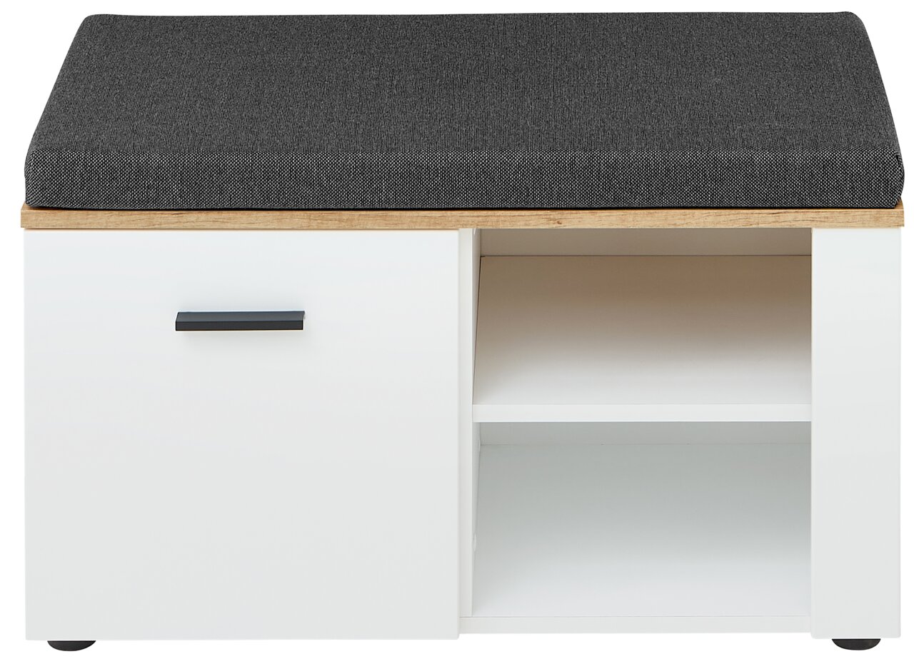 Garderobenbank mit weißem Korpus, schwarzem Griff und grauem Sitzpolster, frontal fotografiert.