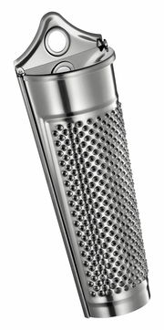 Muskatreibe aus Edelstahl in seitlicher Perspektive