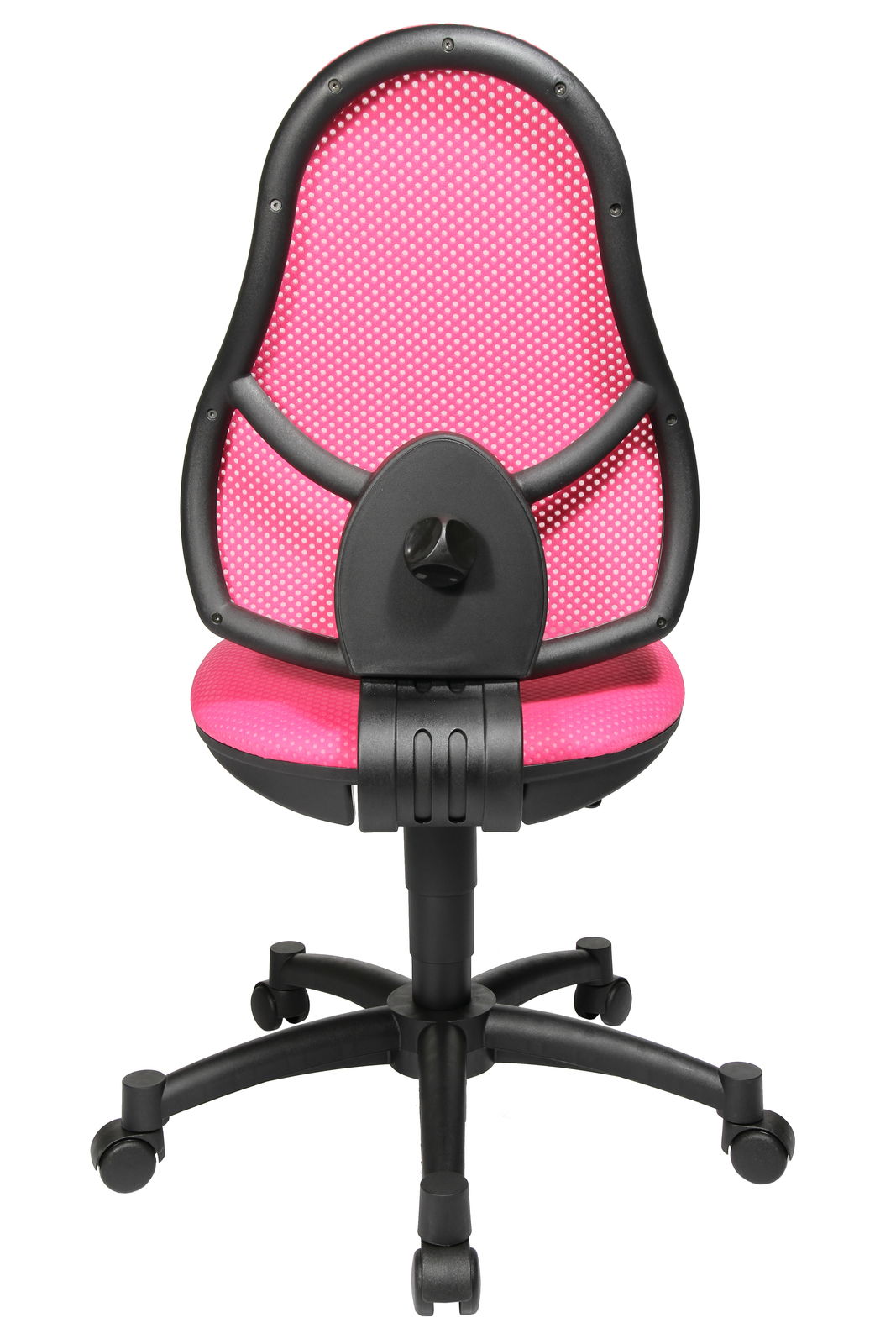 Rosa Drehstuhl mit schwarzem Gestell, Ansicht von hinten