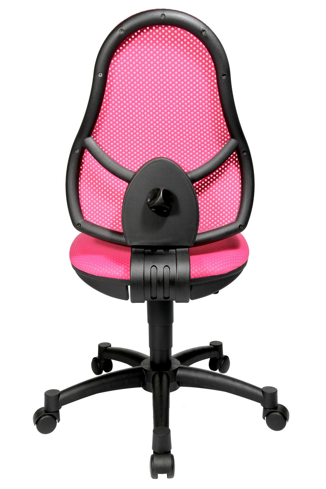 Rosa Drehstuhl mit schwarzem Gestell, Ansicht von hinten