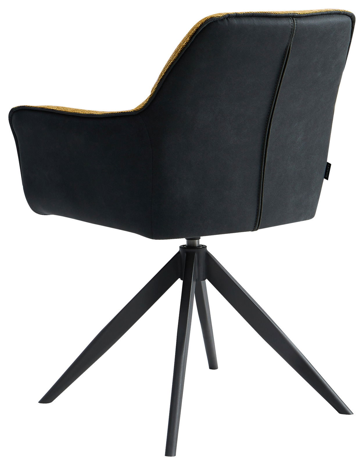 Rückansicht eines modernen Sessels der Serie AKITA mit schwarzem Stoffbezug und gelber Kante, auf einem schwarzen Metallgestell mit vier Beinen.