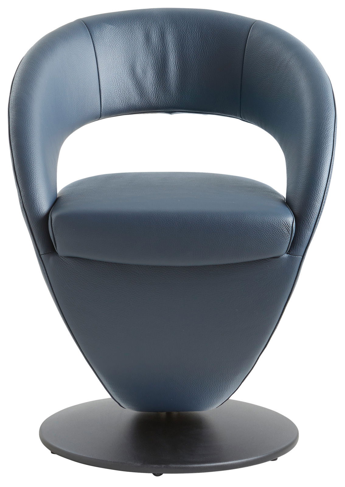 Moderner blauer Sessel aus Leder mit runder Basis, Frontalansicht
