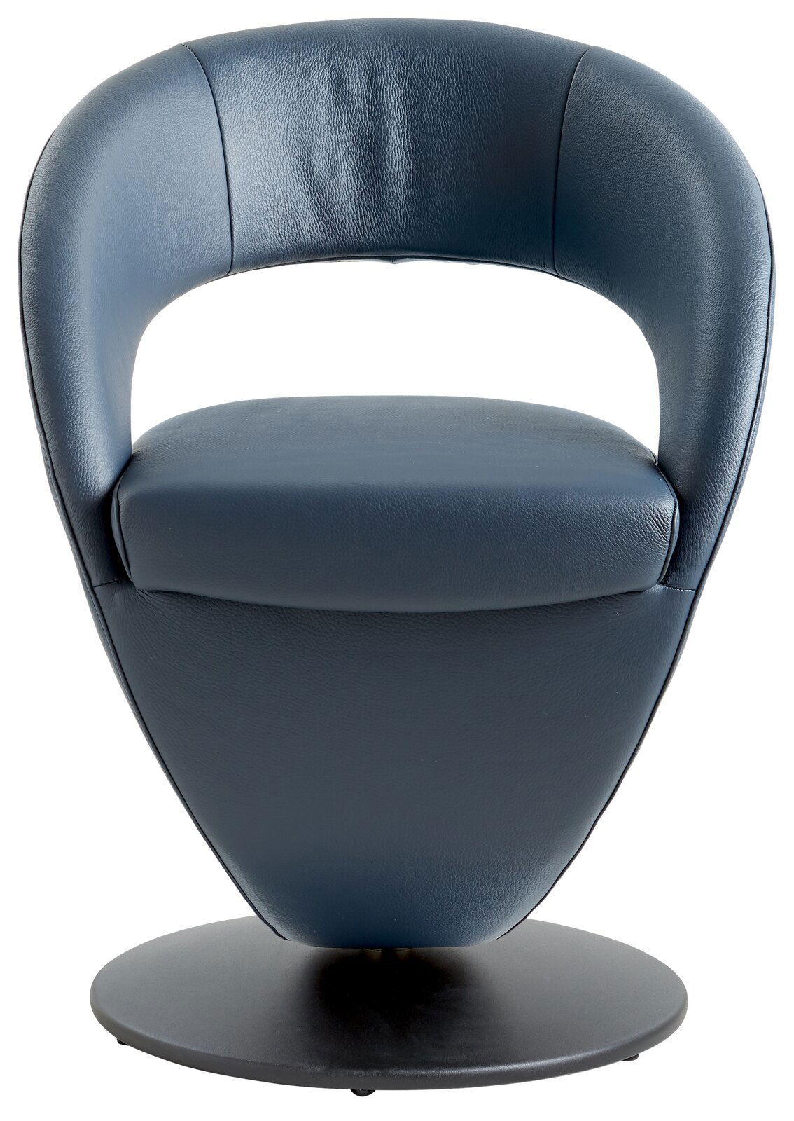 Moderner blauer Sessel aus Leder mit runder Basis, Frontalansicht