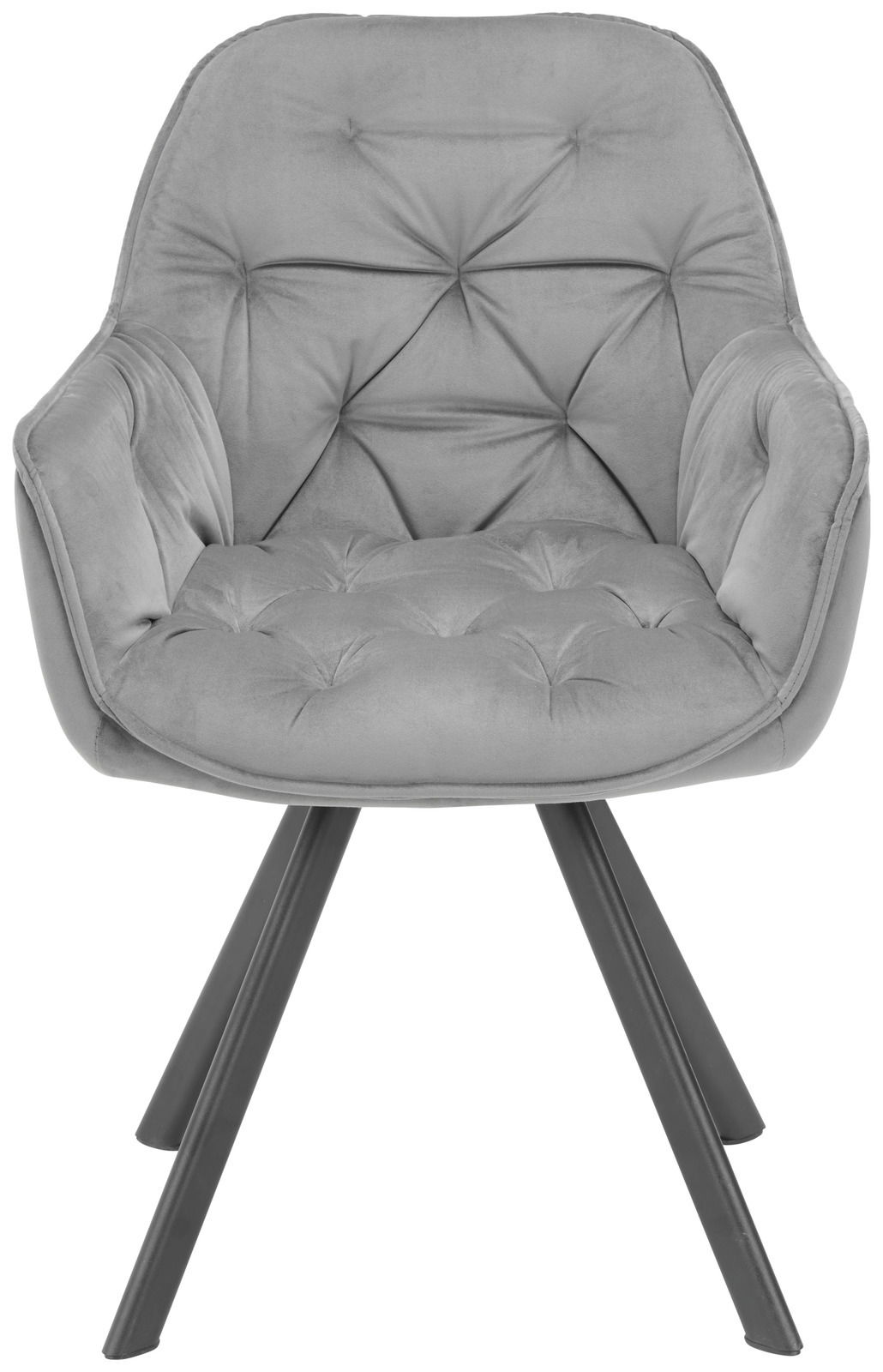 Grauer Armlehnstuhl mit gepolsterter Sitzfläche und Rückenlehne, Vorderansicht