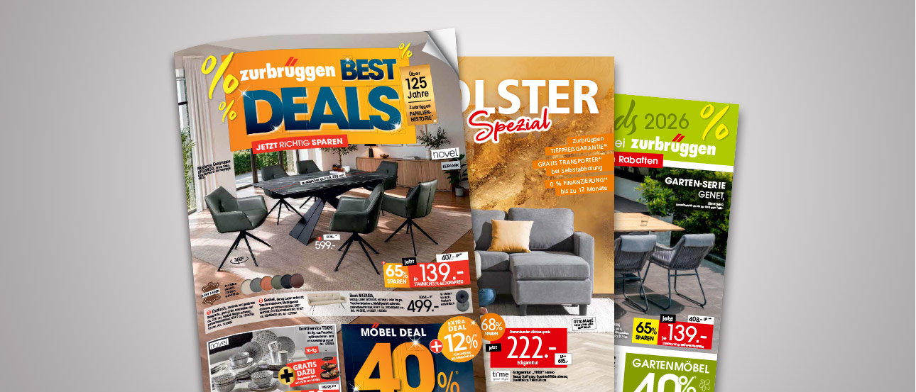 Smartphone mit digitalem Zurbrüggen-Prospekt „Best Deals“, umgeben von weiteren Möbel- und Gartenprospekten.
