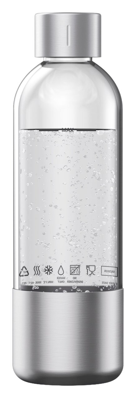 WMF Wasserflasche ELEMENT ONE Transparente Wasserflasche mit silbernem Deckel und Boden, gefüllt mit sprudelndem Wasser, Vorderansicht