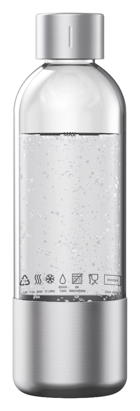 Transparente Wasserflasche mit silbernem Deckel und Boden, gefüllt mit sprudelndem Wasser, Vorderansicht