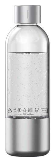Transparente Wasserflasche mit silbernem Deckel und Boden, gefüllt mit sprudelndem Wasser, Vorderansicht
