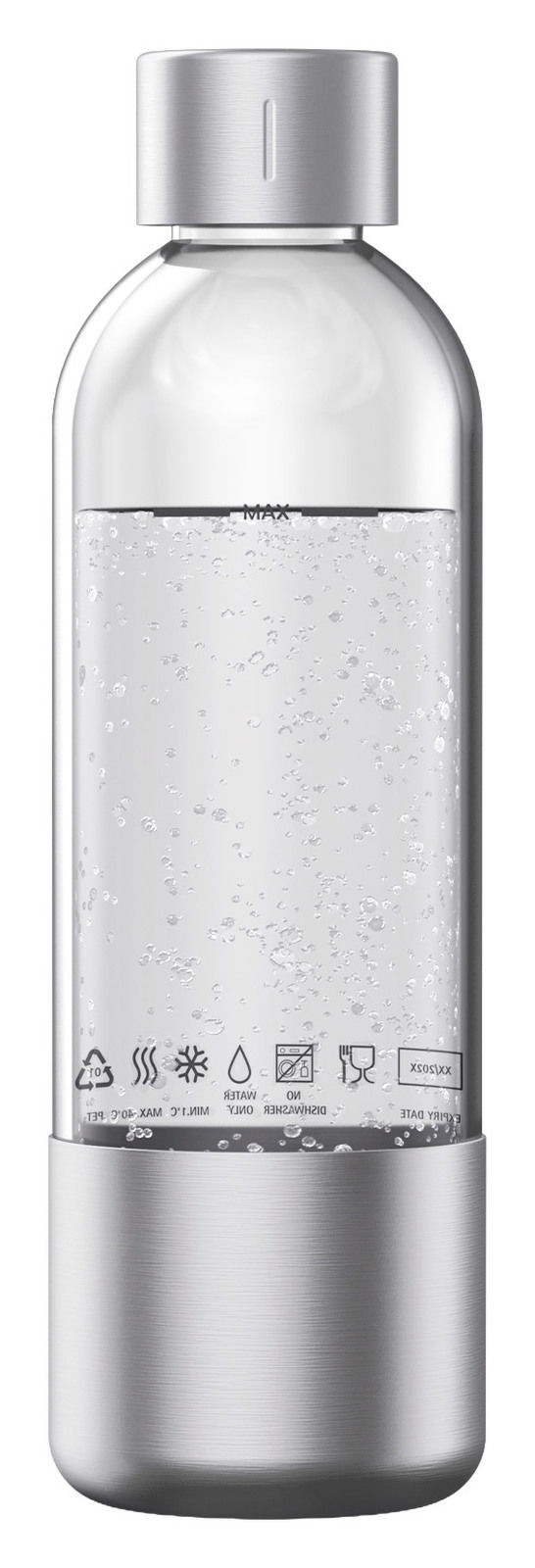 Transparente Wasserflasche mit silbernem Deckel und Boden, gefüllt mit sprudelndem Wasser, Vorderansicht