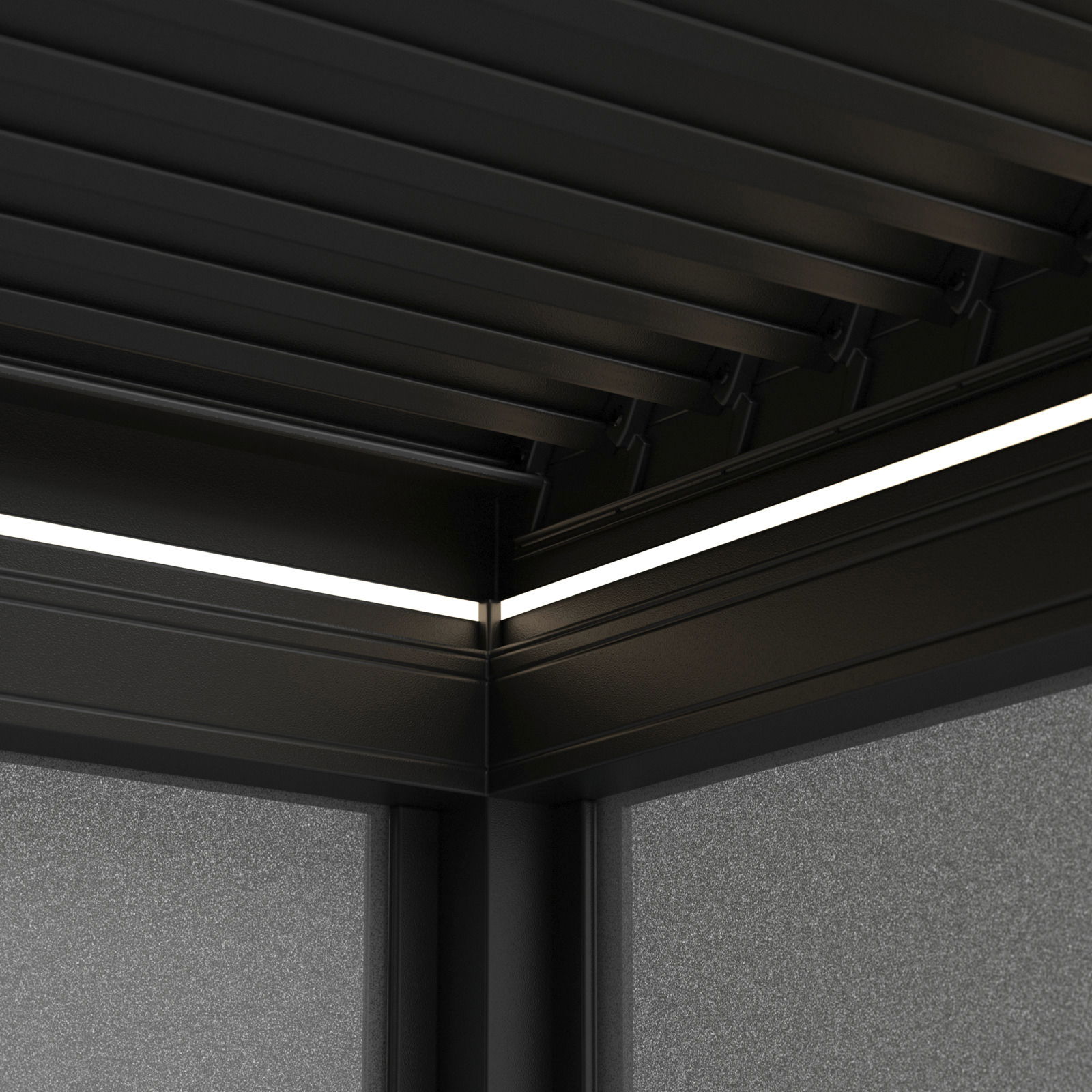 Detailansicht eines Pavillons mit moderner, schwarzer Metallstruktur und integrierter Beleuchtung.