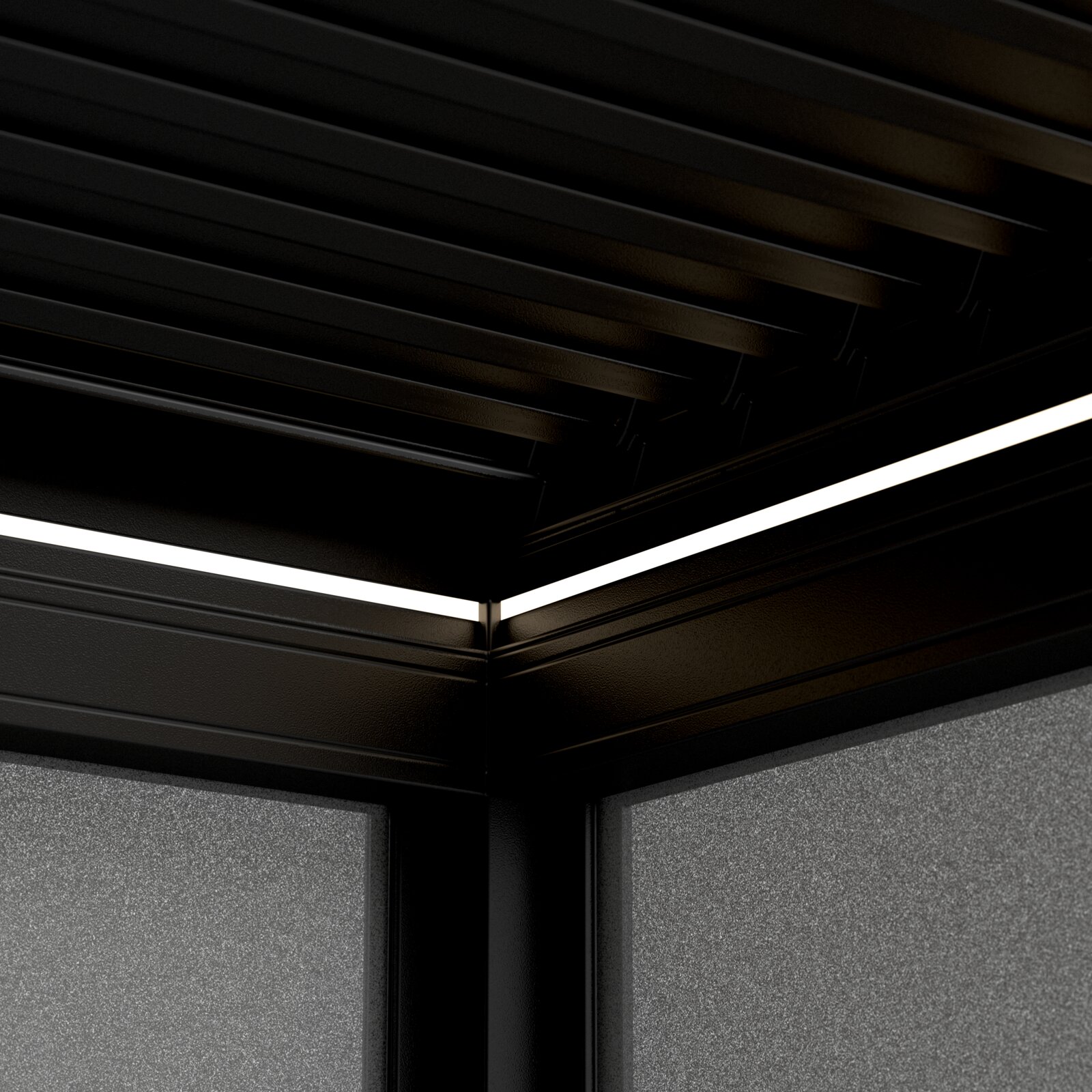 Detailweergave van een paviljoen met een moderne, zwarte metalen constructie en ingebouwde verlichting.