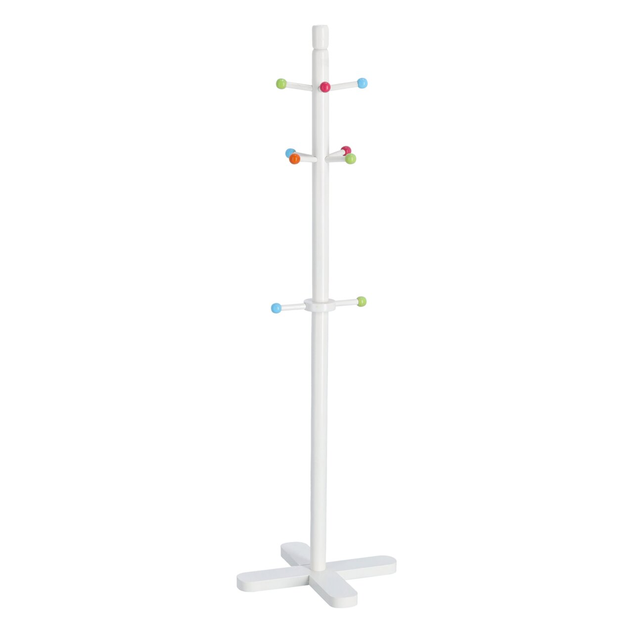 Weißer Kinder-Kleiderständer mit bunten Haken, frontal abgebildet