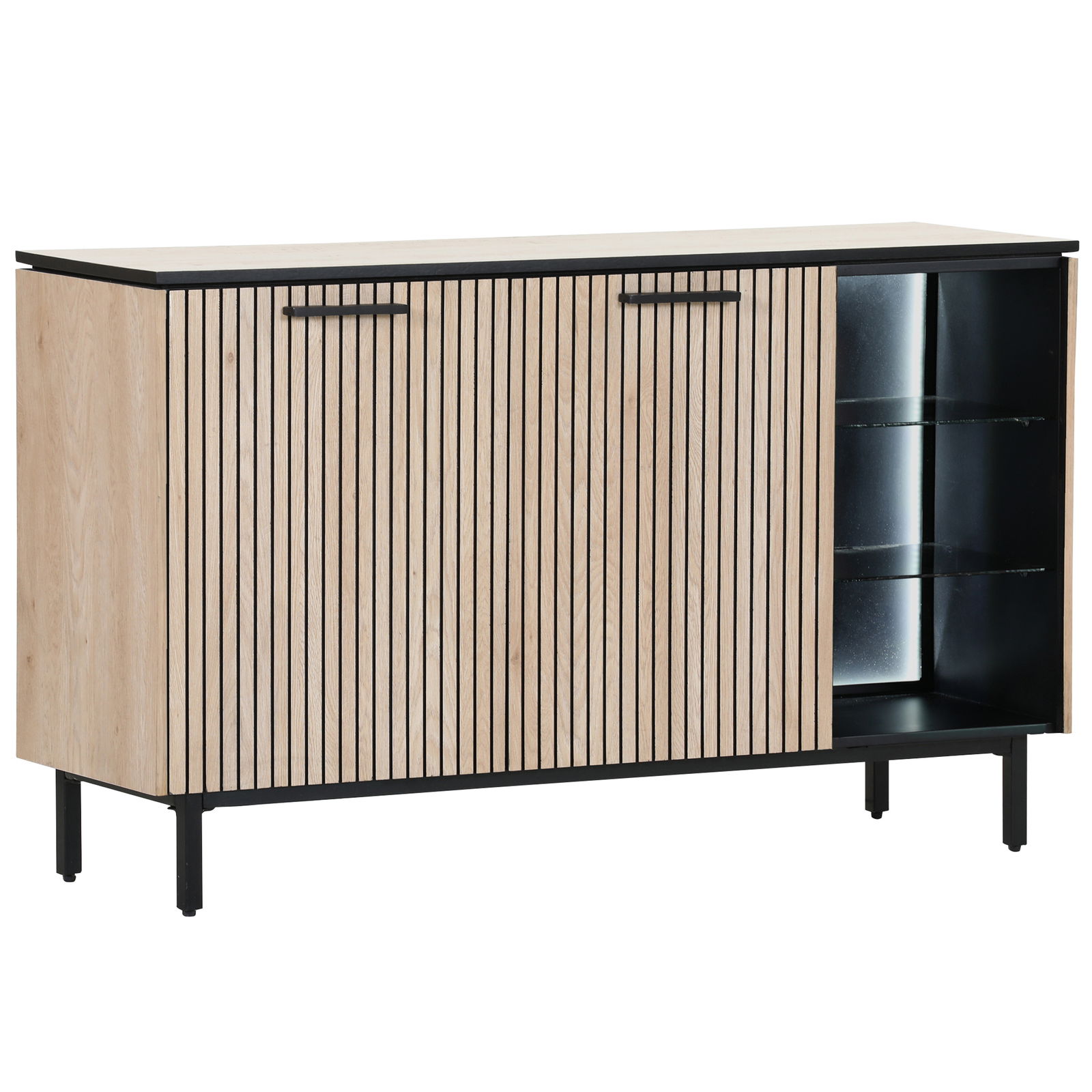 Modernes Sideboard mit Holzlamellen-Design, teilweise geöffnete Tür, seitliche Perspektive