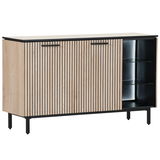Modernes Sideboard mit Holzlamellen-Design, teilweise geöffnete Tür, seitliche Perspektive