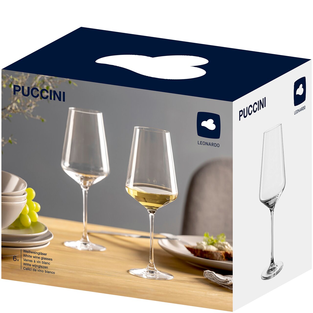 Leonardo Set van 6 witte wijnglazen PUCCINI Verpakking van een set van 6 witte wijnglazen met een elegant ontwerp, zijaanzicht