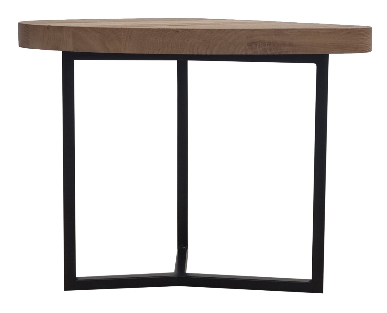 Moderner Couchtisch mit dreieckiger Holzplatte und schwarzem Metallgestell, Seitenansicht