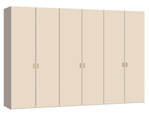 Beige garderobekast met zes deuren en kleine metalen handgrepen, weergegeven in schuin vooraanzicht op witte achtergrond.