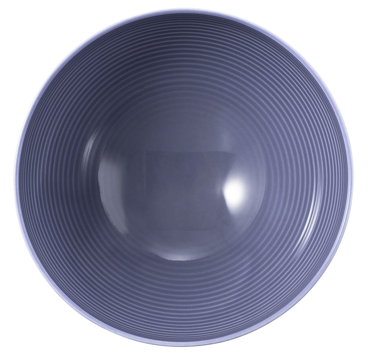Runde Schüssel mit einem Durchmesser von 15,5 cm, dunkelblau mit feinen Rillen, Ansicht von oben.
