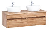 Frontansicht eines Waschtisch-Sets mit zwei weißen Aufsatzwaschbecken und einer Holzunterschrankkombination.