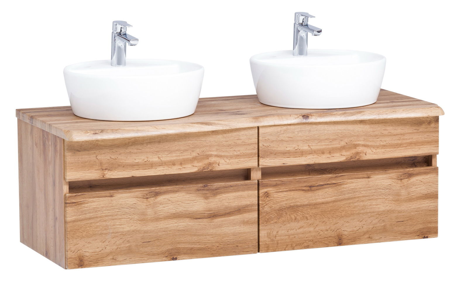 XORA Waschtisch-Set VILLACH Frontansicht eines Waschtisch-Sets mit zwei weißen Aufsatzwaschbecken und einer Holzunterschrankkombination.