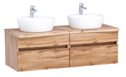 Frontansicht eines Waschtisch-Sets mit zwei weißen Aufsatzwaschbecken und einer Holzunterschrankkombination.