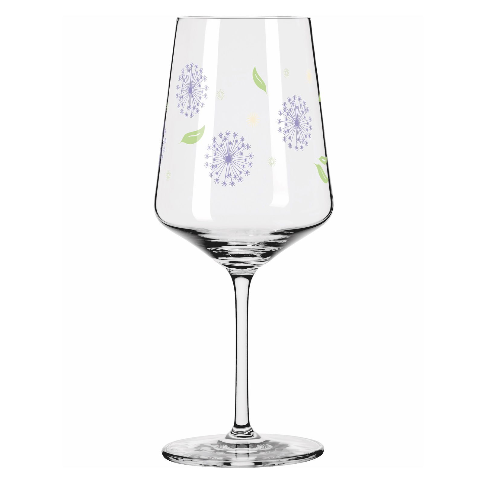 Weinglas mit Löwenzahn- und Blattmuster, seitliche Perspektive