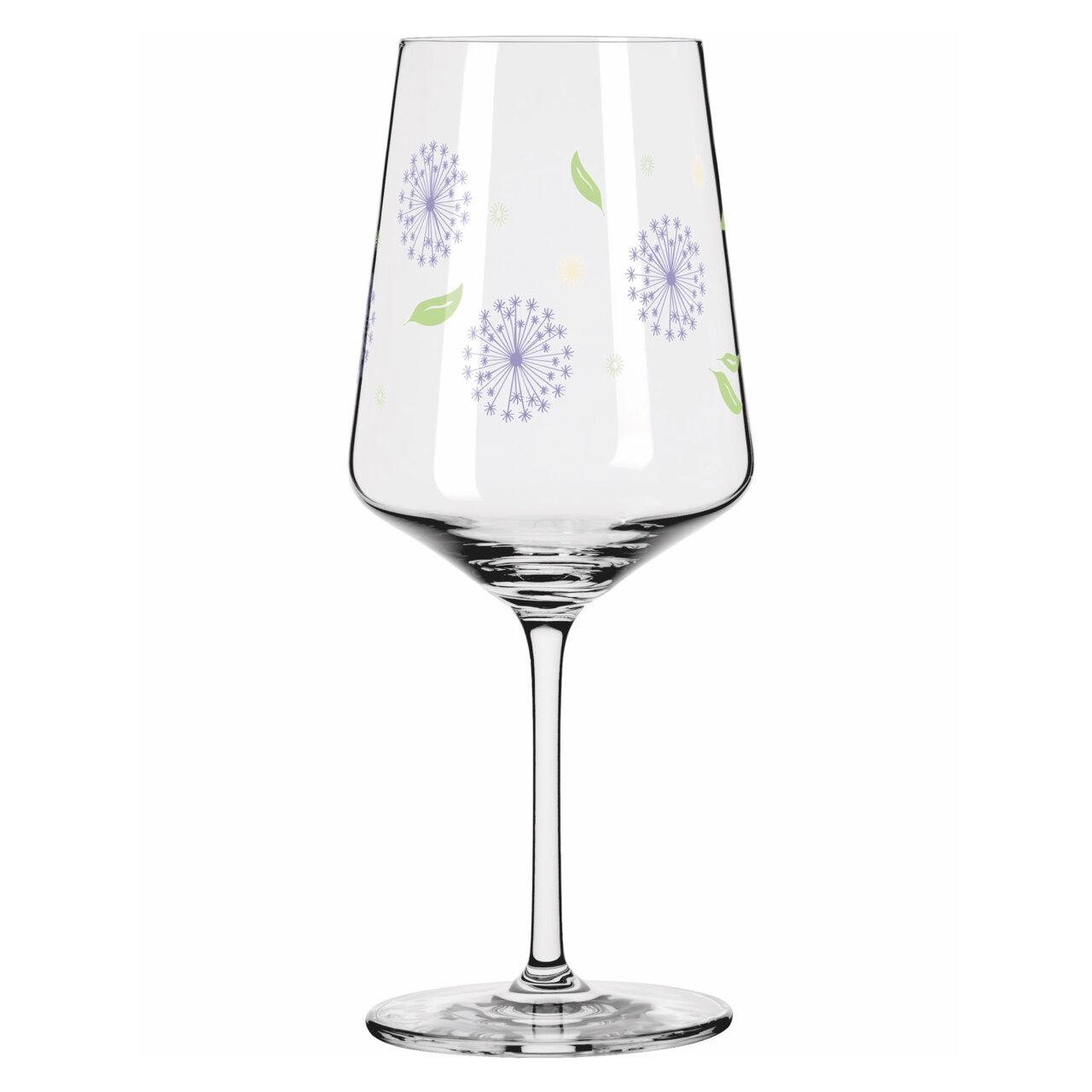 Wijnglas met een patroon van paardenbloemen en bladeren, zijaanzicht