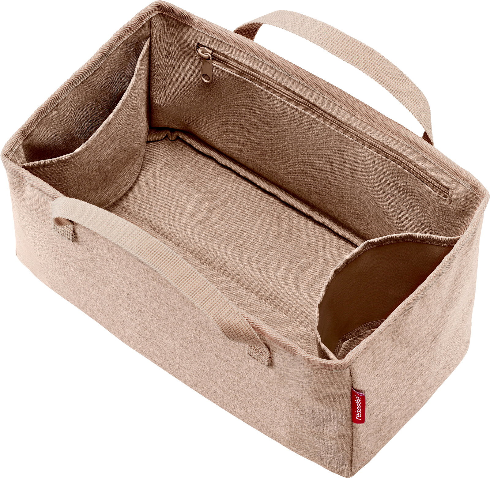 Beiger Stoff-Organizer mit zwei Tragegriffen, Innenfächern und Reißverschlussfach, geöffnet in schräger Draufsicht
