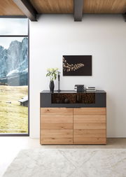 Modernes Highboard aus Holz mit schwarzem Akzent, dekoriert mit Vasen und Büchern, in einem Raum mit Bergblick. Frontalansicht.