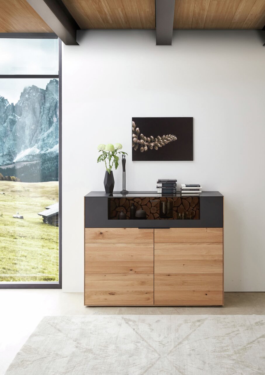 Modern houten hoogkast met zwarte accenten, versierd met vazen en boeken, in een kamer met uitzicht op de bergen. Vooraanzicht.