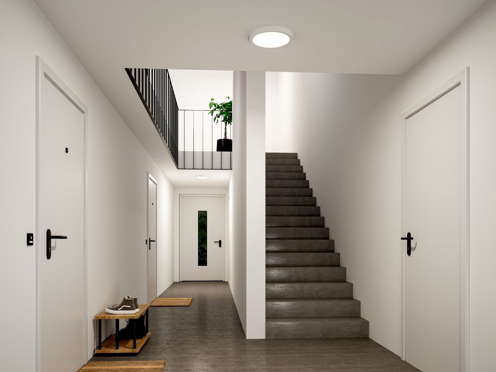 Moderner, heller Hausflur mit grauer Treppe, weißen Türen und runder Deckenleuchte, Blick aus Augenhöhe nach vorne in den Flur
