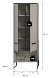 Hochschrank mit offenen Türen, zeigt mehrere Regalfächer und Belastungsgrenzen von 5 kg pro Fach. Frontale Perspektive.