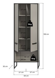 Hochschrank mit offenen Türen, zeigt mehrere Regalfächer und Belastungsgrenzen von 5 kg pro Fach. Frontale Perspektive.