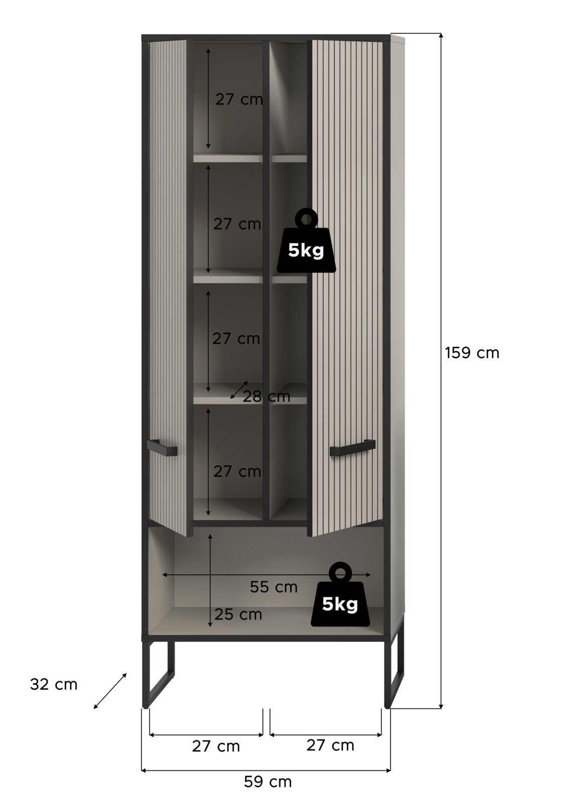 Hochschrank mit offenen Türen, zeigt mehrere Regalfächer und Belastungsgrenzen von 5 kg pro Fach. Frontale Perspektive.