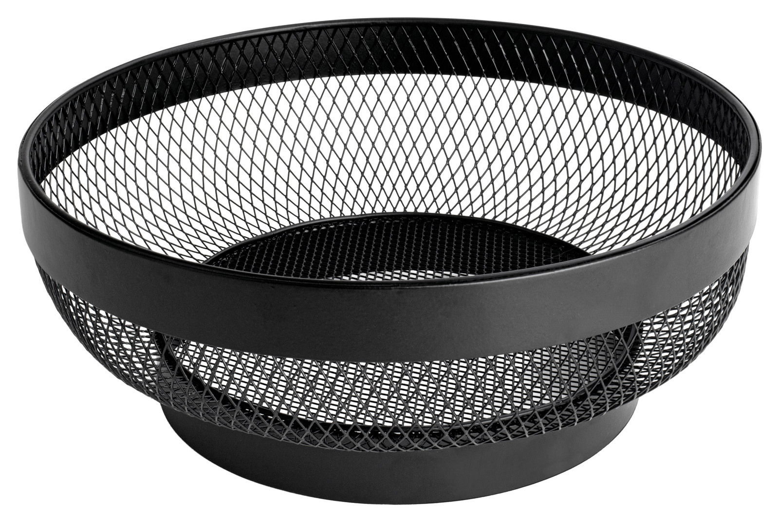 Schwarzer Metallkorb mit Gitterdesign, seitliche Perspektive