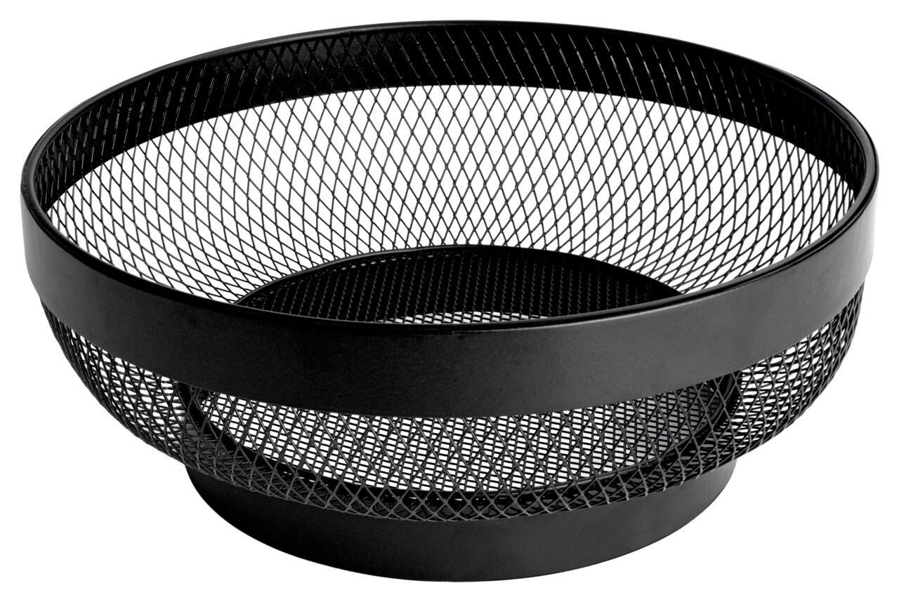 Zwarte metalen mand met roosterpatroon, zijaanzicht