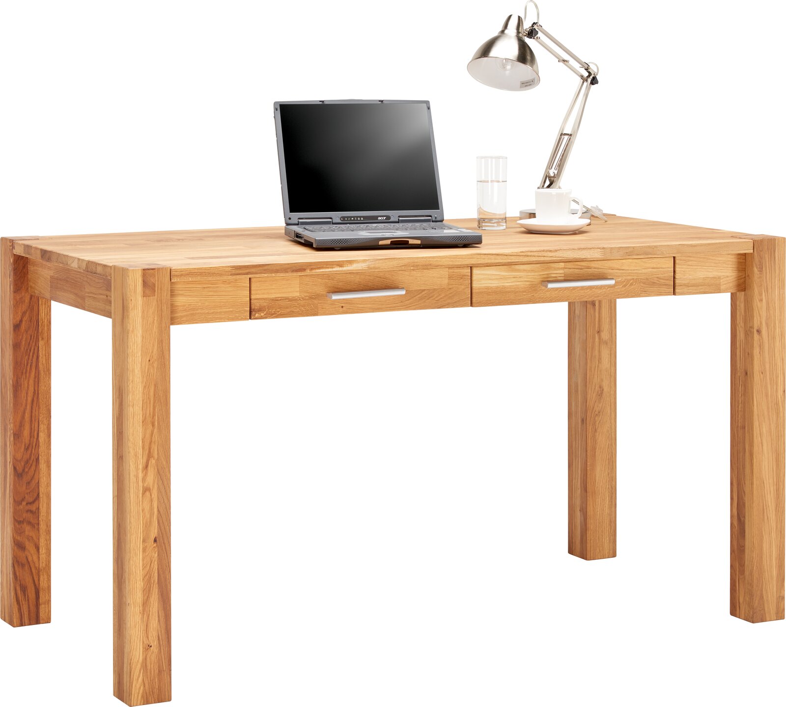 Moderner Schreibtisch aus Holz mit drei Schubladen, darauf ein Laptop, eine Lampe und eine Tasse, seitliche Perspektive.